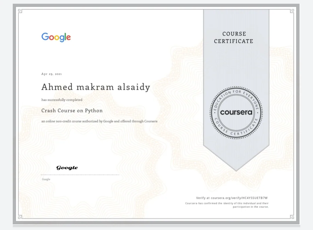 شهادة Crash Course on Python من Google وCoursera