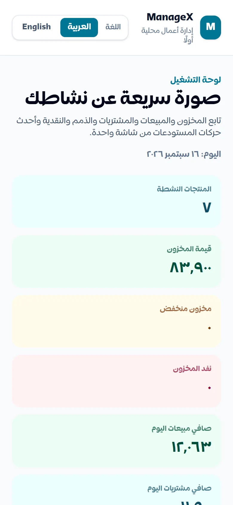 لوحة ManageX على شاشة موبايل 390 — المؤشرات الأساسية بشكل عمودي