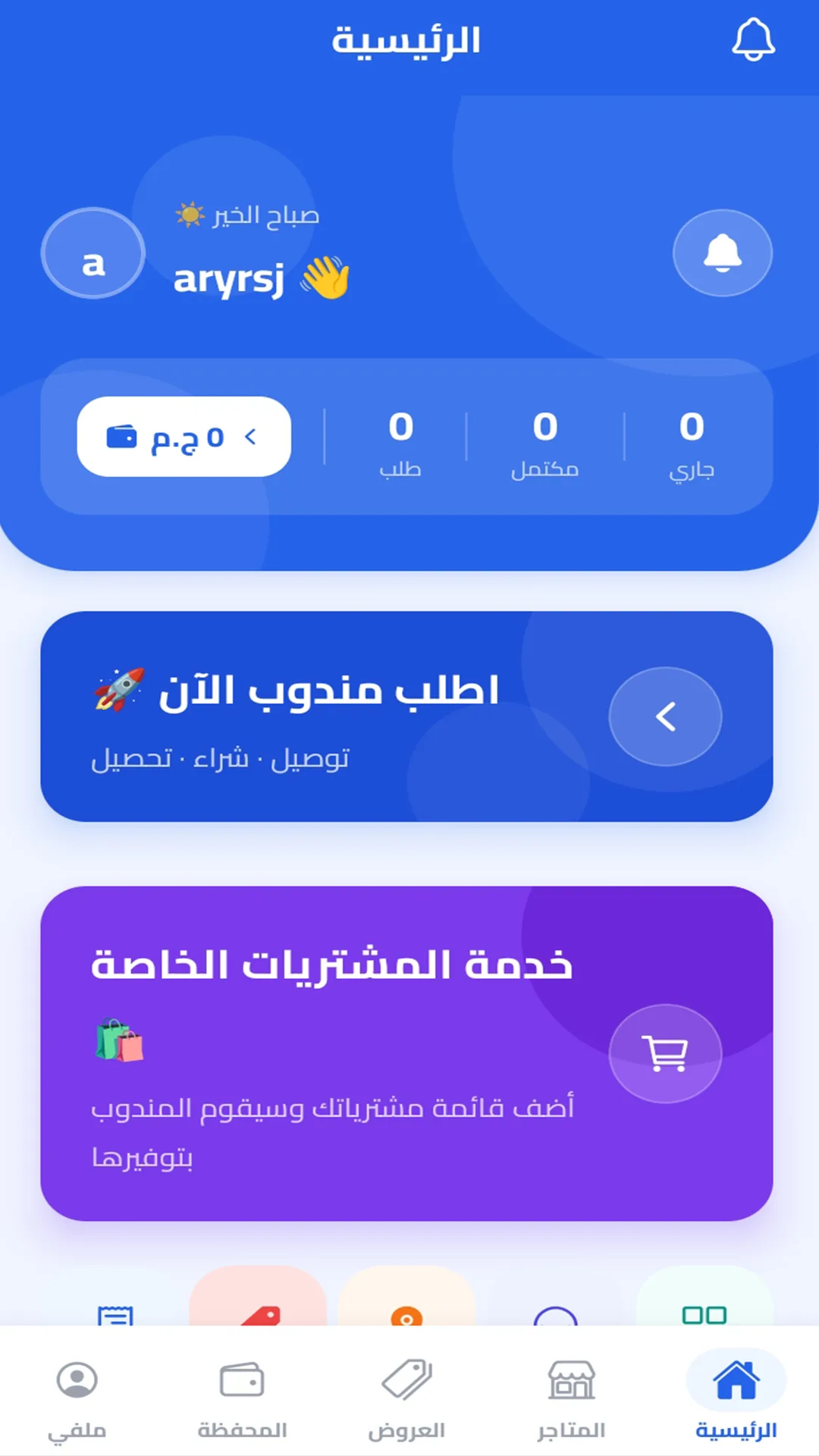 Mandobi — customer home screen with wallet, order-now and shopping services