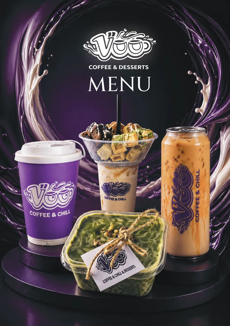 Voo Cafe — printed menu cover with violet splash, cup, dessert cup, can and matcha box